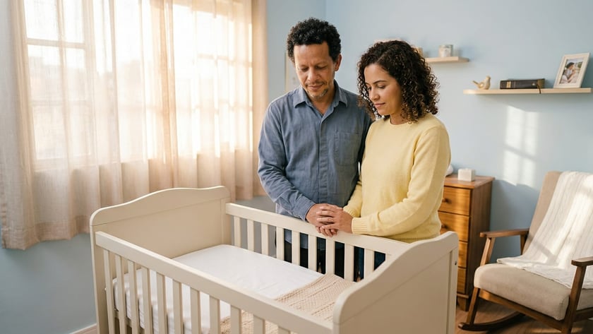 Casal de mãos dadas ao lado de um berço vazio em um quarto de bebê.