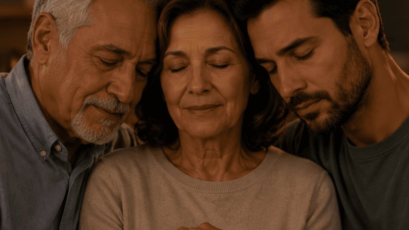 Casal de idosos de olhos fechados, abraçados no sofá, com as mãos unidas sobre o colo.