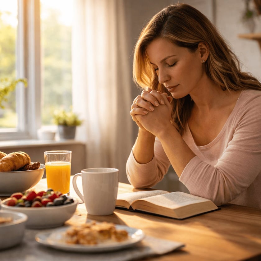 Mulher de olhos fechados e mãos unidas à mesa de café da manhã, com livro aberto.