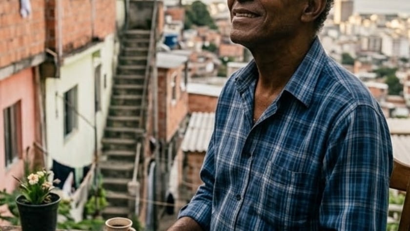 Homem idoso sorri olhando para cima, com um livro no colo, numa comunidade em encosta.