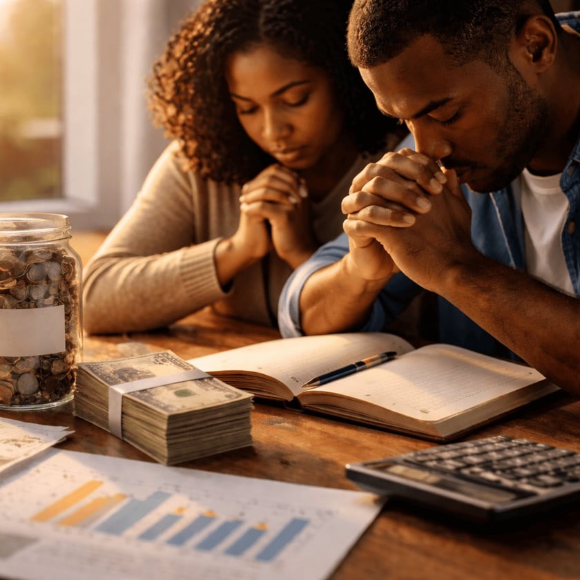 Casal de cabeça baixa e mãos unidas à mesa, com dinheiro, moedas e gráficos.