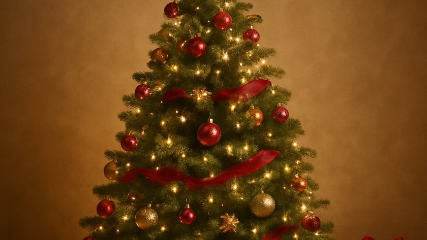 Árvore de Natal com luzes, bolas vermelhas e douradas, fitas vermelhas e estrela dourada no topo.