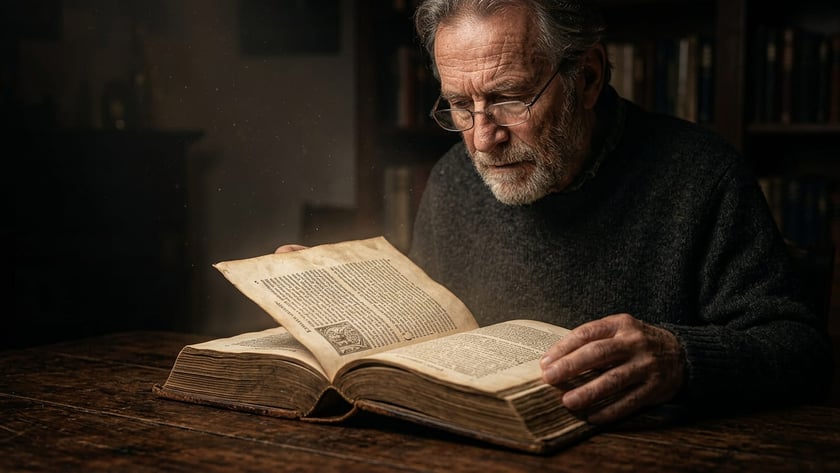 Homem idoso de barba e óculos lê um livro antigo aberto sobre uma mesa de madeira.