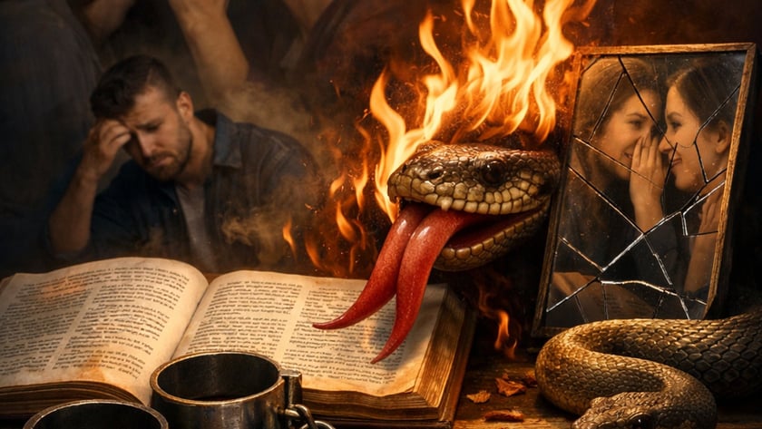 Duas mulheres cochichando, homem de cabeça baixa, serpente em chamas, livro aberto