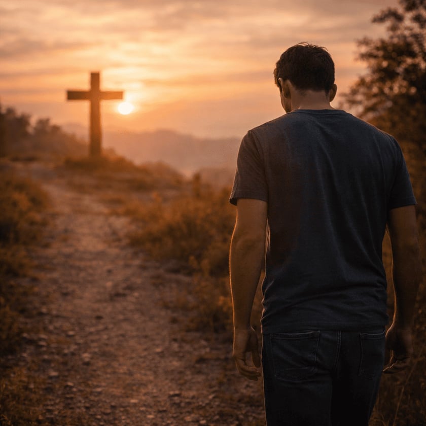 Homem de costas caminha por trilha de terra em direção a uma cruz de madeira no topo do morro.