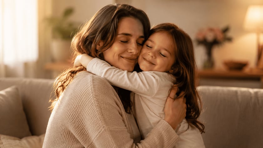 Mulher de cabelos castanhos abraça uma menina sorridente, ambas de olhos fechados, dentro de casa.