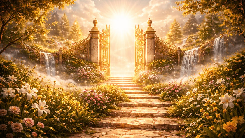 Escadaria de pedra entre flores leva a portões dourados abertos, com cachoeiras ao lado.