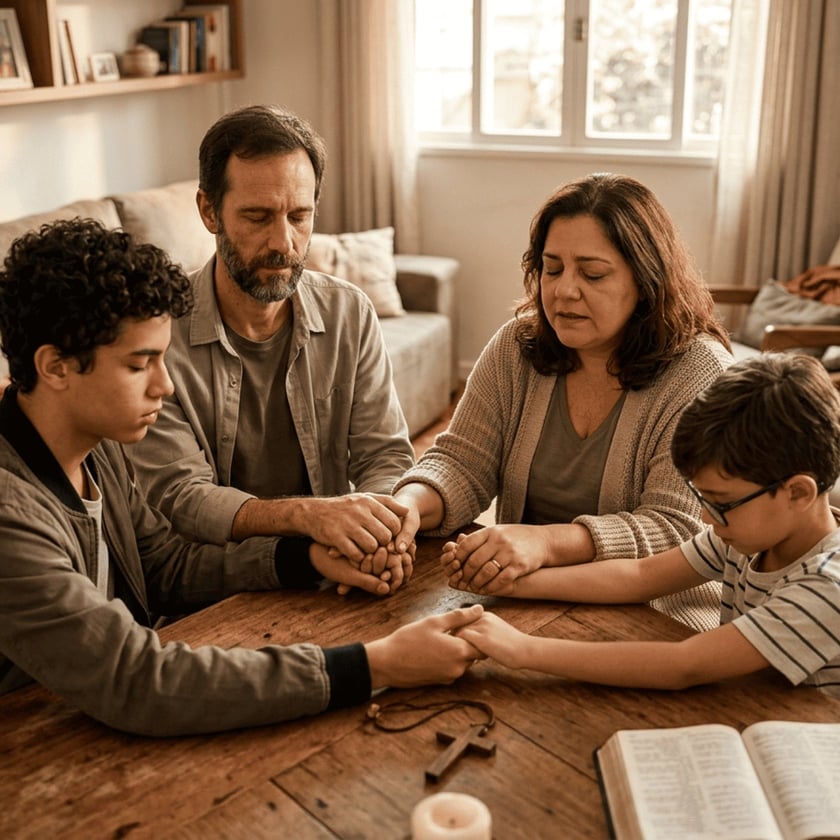 Família de quatro pessoas de mãos dadas e olhos fechados, rezando à mesa na sala.