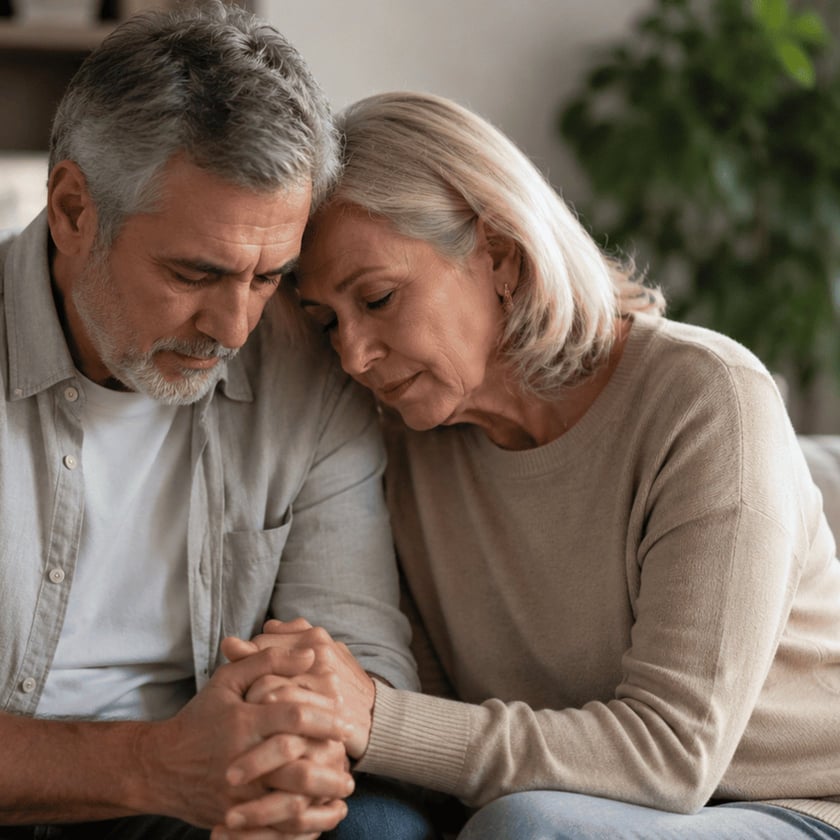 Homem e mulher de meia-idade sentados no sofá, de mãos dadas, com as cabeças encostadas.