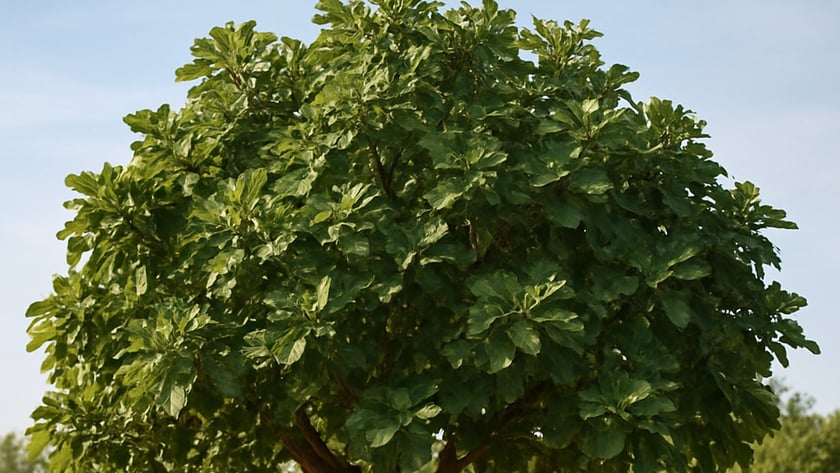 Figueira frondosa de tronco grosso em um campo de capim seco.