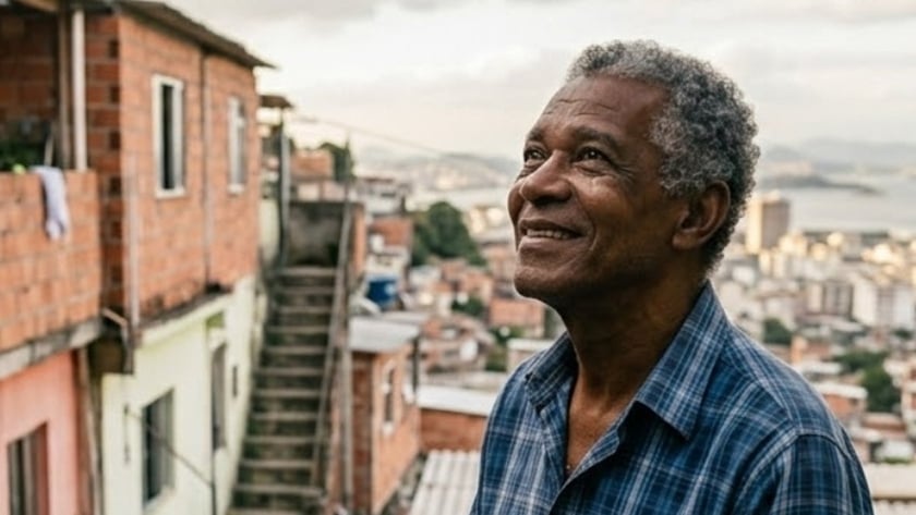 Homem idoso sorri olhando para cima, com um livro no colo, numa comunidade em encosta.