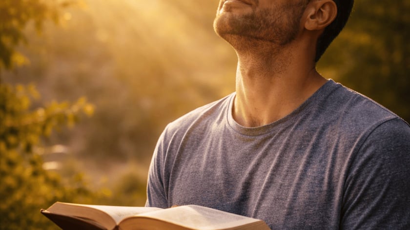 Homem de camiseta cinza, com a cabeça erguida e olhos fechados, segura um livro aberto ao ar livre.