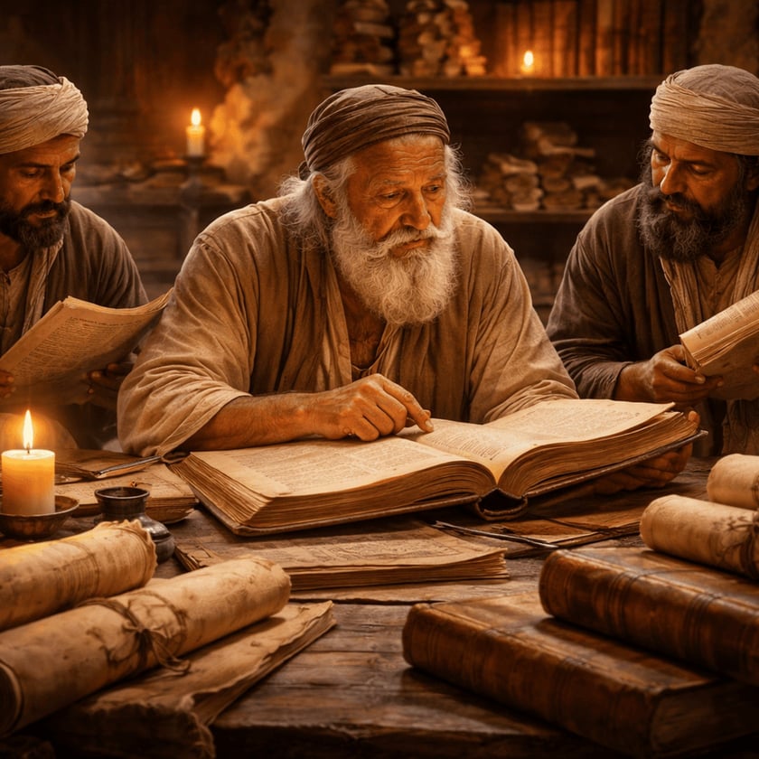Três homens de turbante leem livros e pergaminhos à luz de velas numa mesa.