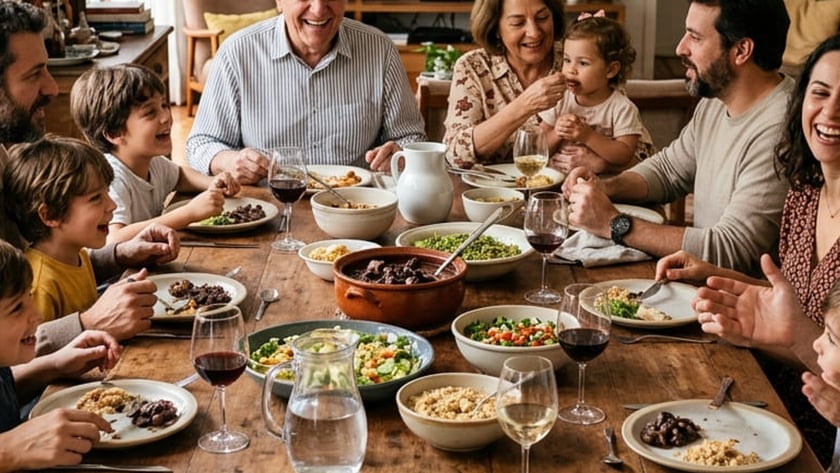 Família de várias gerações almoça sorrindo em volta de uma grande mesa de madeira.