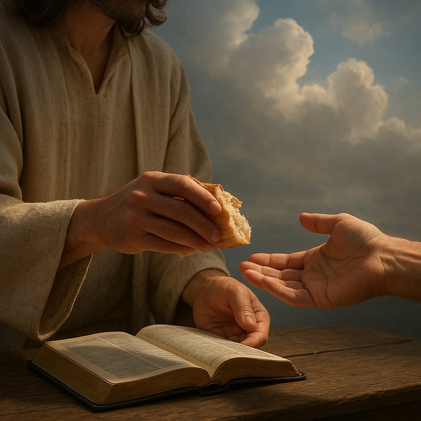 Homem de túnica bege oferece um pedaço de pão a uma mão estendida, ao lado de uma Bíblia aberta.