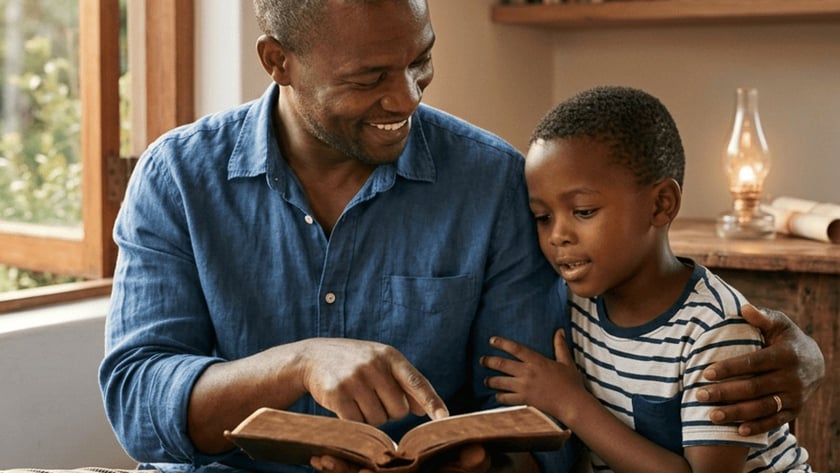 Homem sorrindo aponta um livro aberto para um menino sentado ao lado dele.