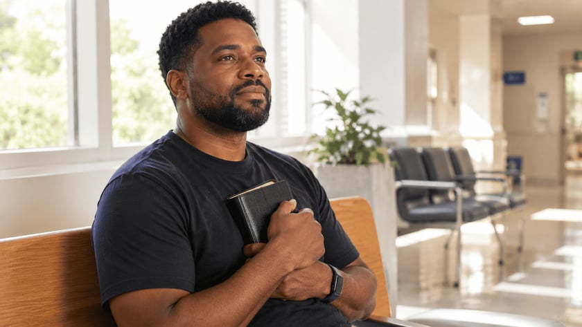 Homem de barba e camiseta preta sentado, segurando uma Bíblia junto ao peito.