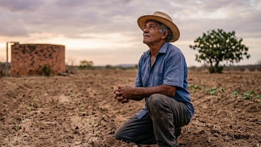 Homem idoso de chapéu de palha agachado em terra seca, olhando para o céu.