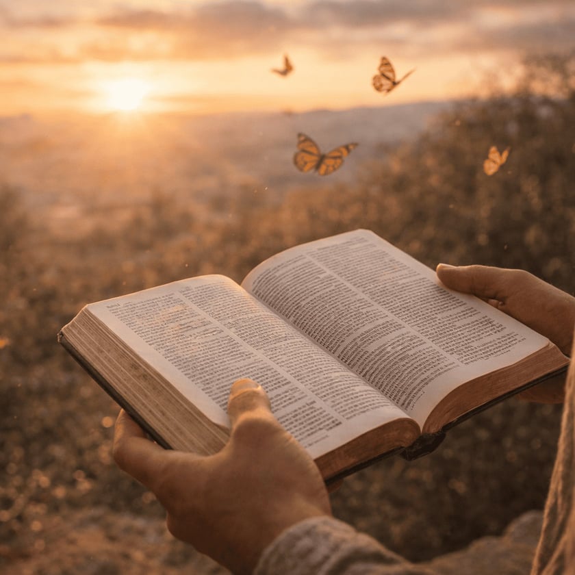 Pessoa segura uma Bíblia aberta ao pôr do sol, com borboletas voando ao redor.