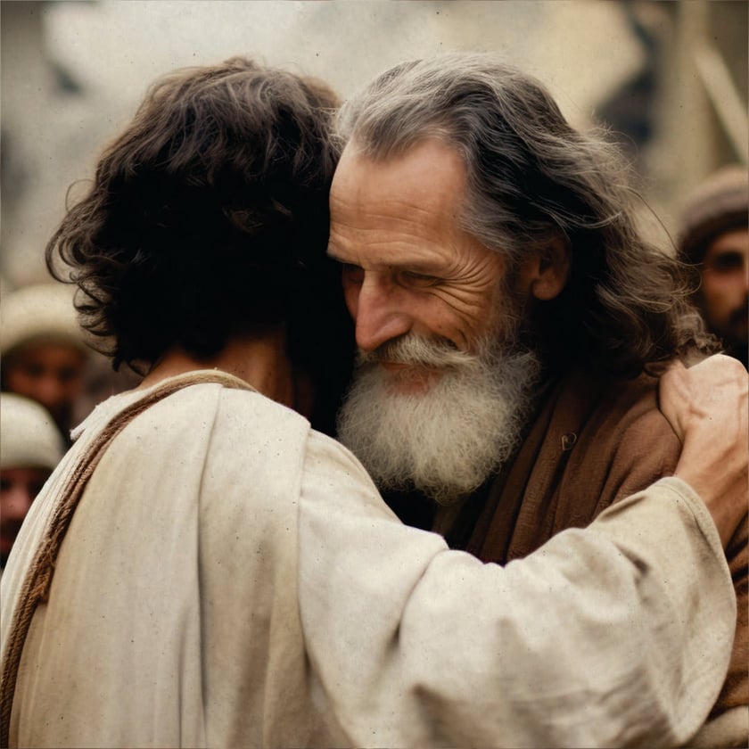 Dois homens de túnicas simples se abraçam, um idoso de barba branca sorrindo