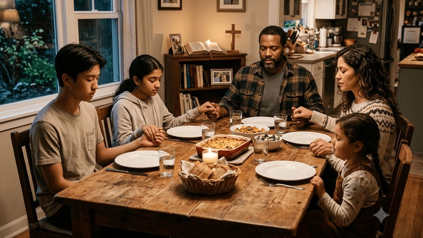 Família de mãos dadas e olhos fechados, rezando à mesa de jantar na cozinha.