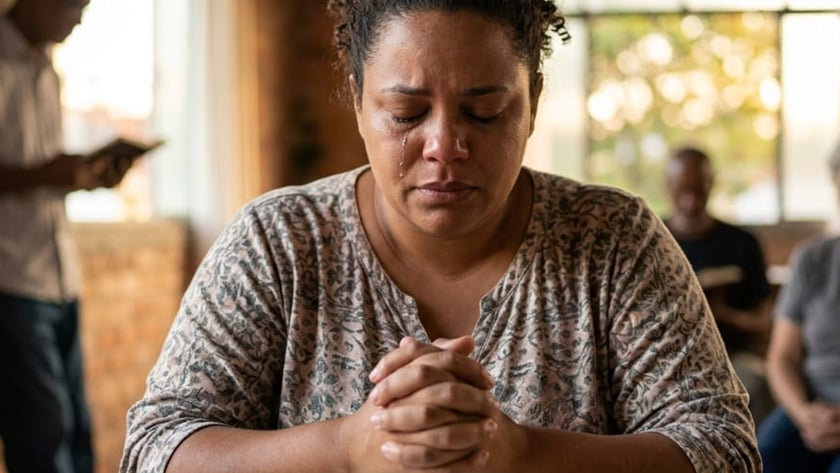Mulher de olhos fechados e mãos postas diante de uma Bíblia aberta, chorando