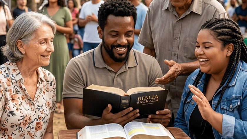 Quatro pessoas sorriem em torno de uma Bíblia aberta, em praça com bandeirinhas: "Bíblia Sagrada".
