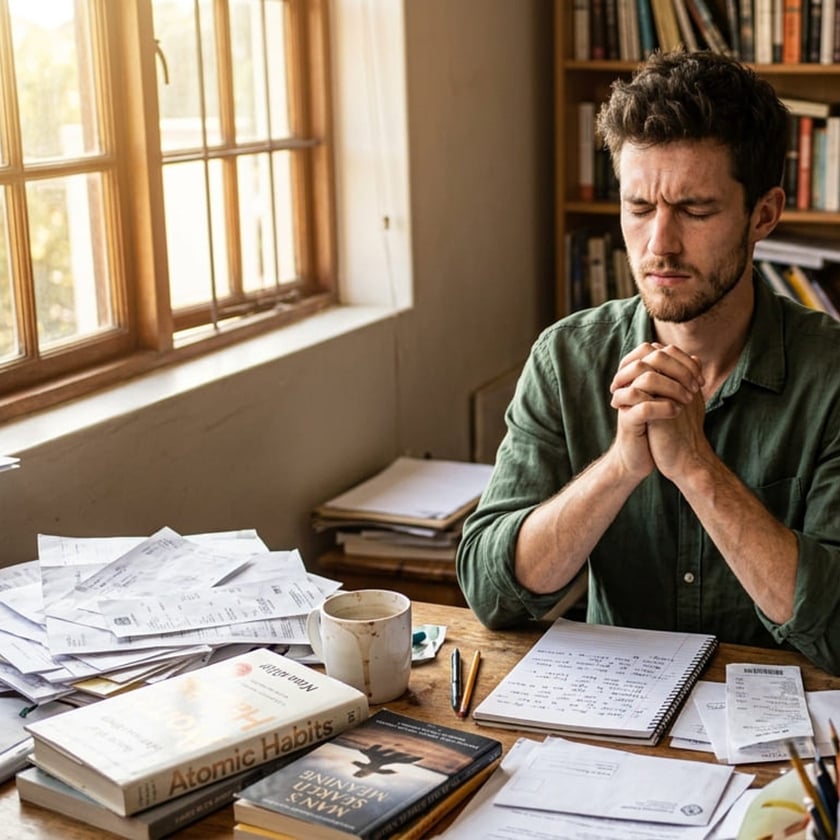 Homem de camisa verde, de olhos fechados e mãos juntas, sentado à mesa cheia de papéis e livros.