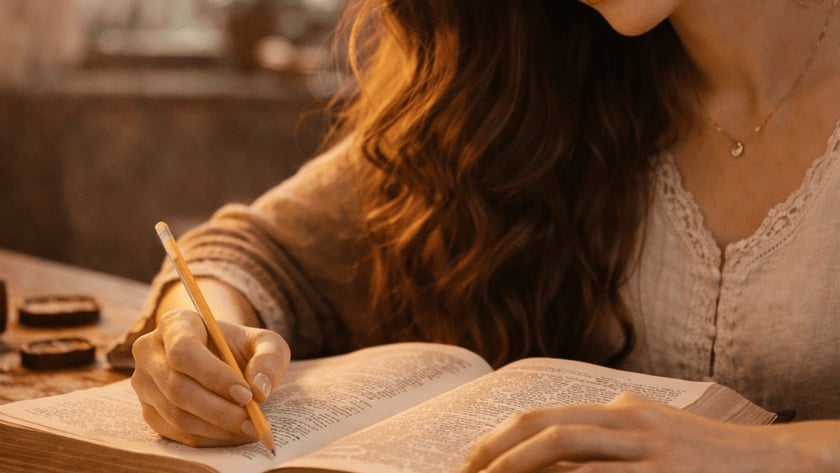Mulher de cabelo castanho ondulado escreve a lápis em um livro aberto sobre uma mesa de madeira.