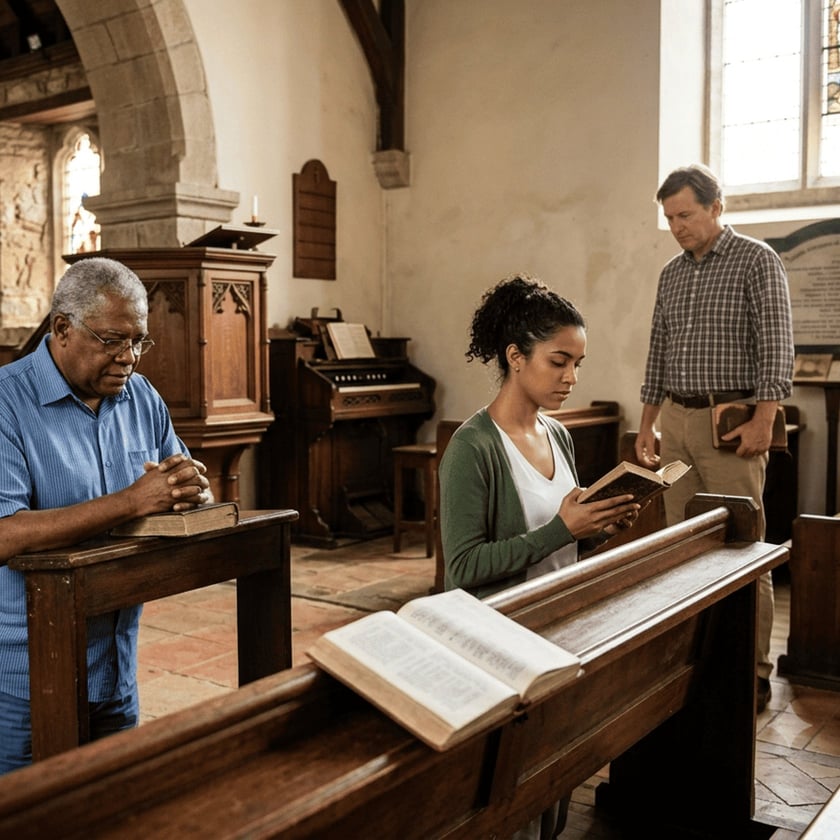 Três pessoas em uma igreja antiga: um homem reza, uma mulher lê e outro homem observa.