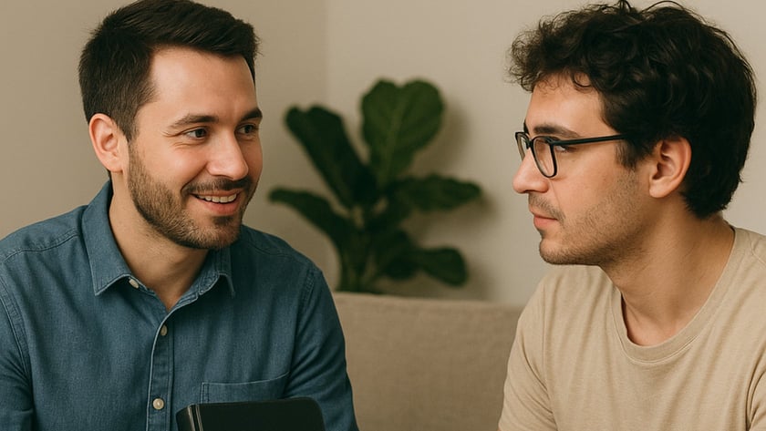Dois homens conversam num sofá; um deles segura um livro preto com o título "BÍBLIA".