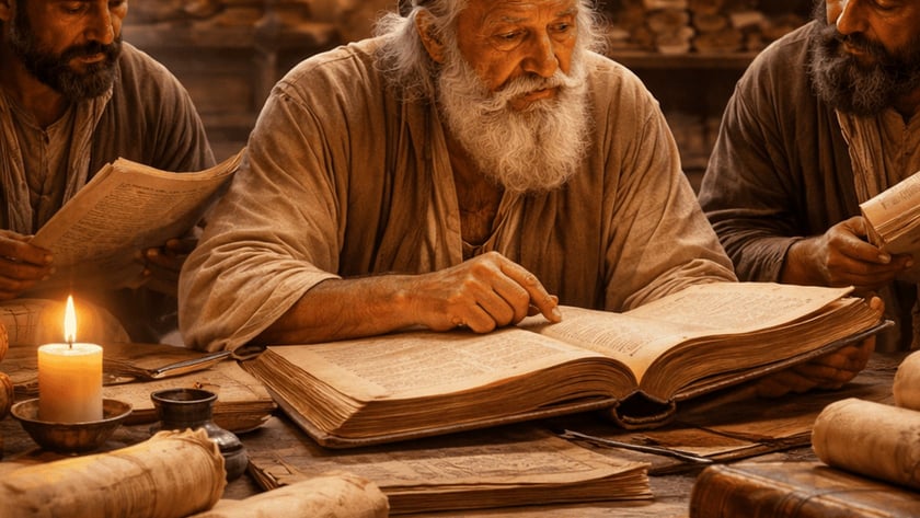 Três homens de turbante leem livros e pergaminhos à luz de velas numa mesa.