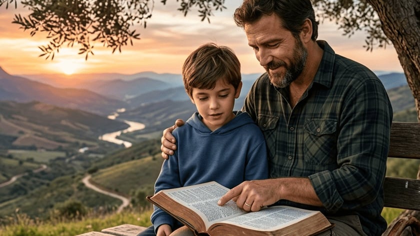 Homem e menino sentados num banco sob uma oliveira, lendo uma Bíblia grande ao pôr do sol.