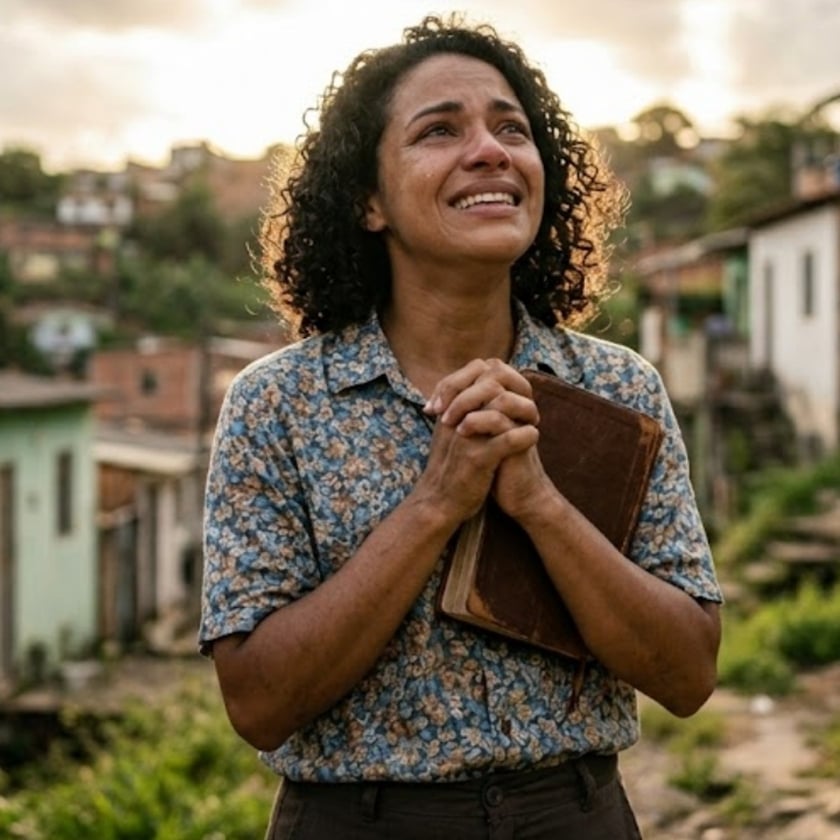 Mulher de cabelo cacheado segura um livro marrom, de mãos unidas