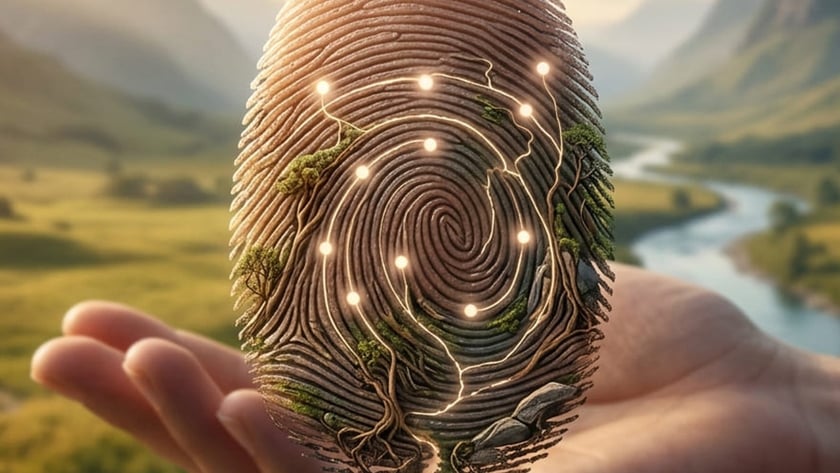 Mão aberta segura uma impressão digital gigante com árvores, raízes e luzes, diante de um vale.