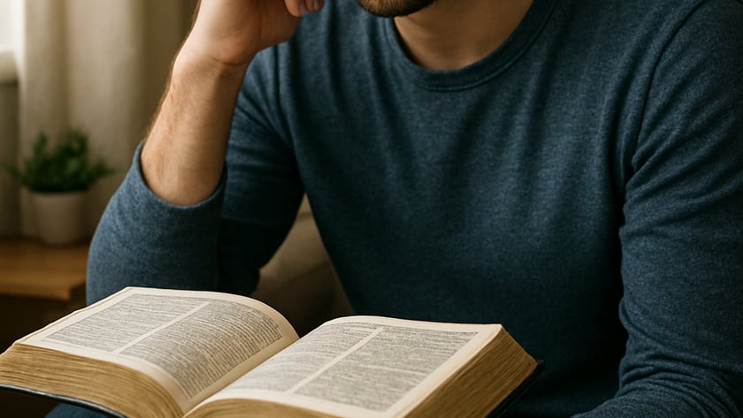 Homem barbado de camiseta azul com a mão no rosto olha um livro aberto.