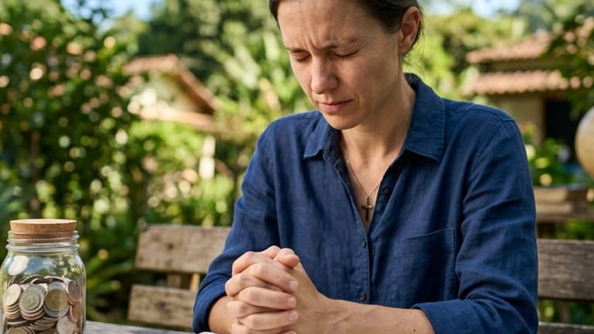 Mulher de camisa azul ora com as mãos unidas diante de uma Bíblia aberta.