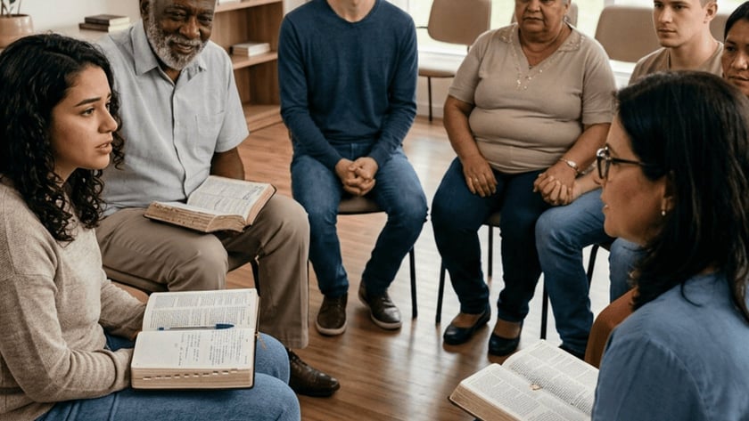 Grupo de pessoas sentadas em círculo numa sala, com Bíblias abertas, conversando.