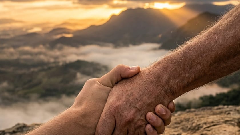 Dois braços apertam as mãos no topo de uma montanha, sobre vale com nuvens.