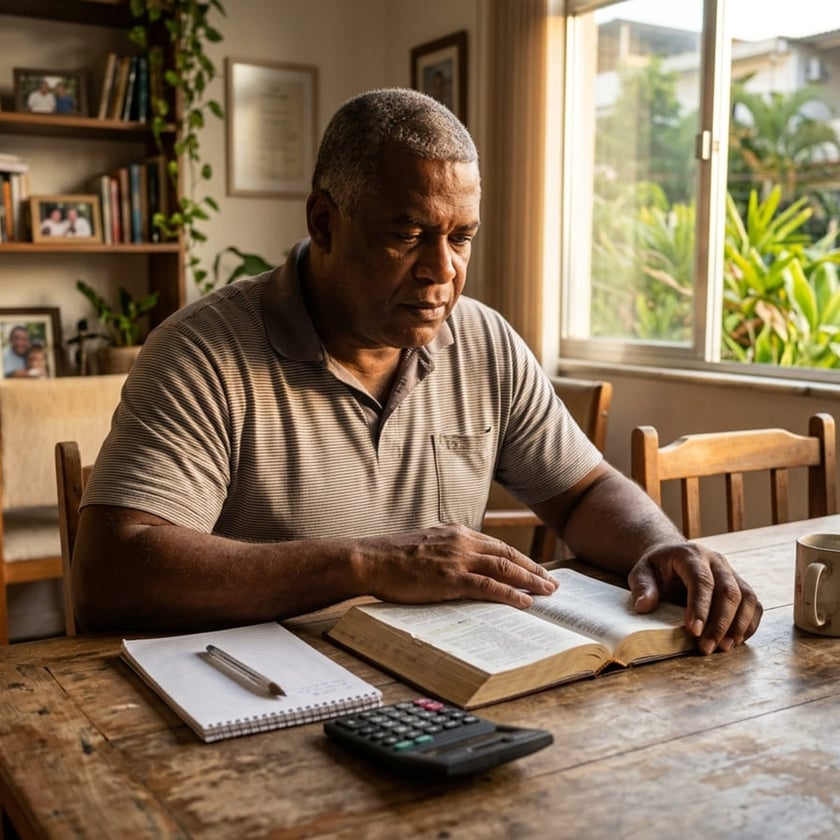 Homem de camisa polo lê uma Bíblia numa mesa de madeira, com calculadora e caderno.