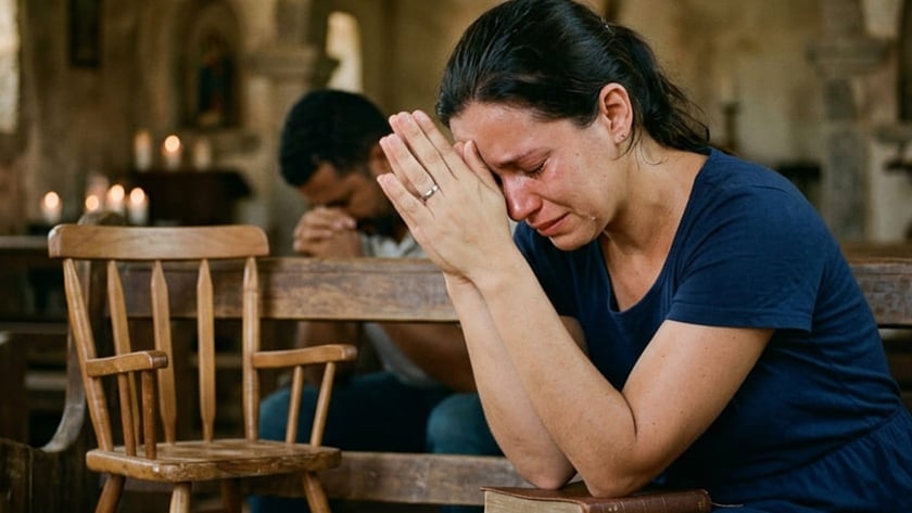 Mulher chora de mãos juntas em igreja, com cadeira de balanço infantil no banco.
