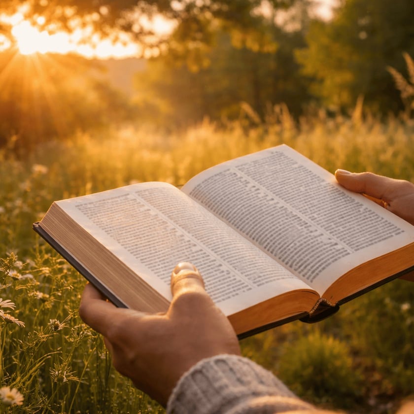 Pessoa segura um livro aberto em um campo de flores silvestres ao pôr do sol.