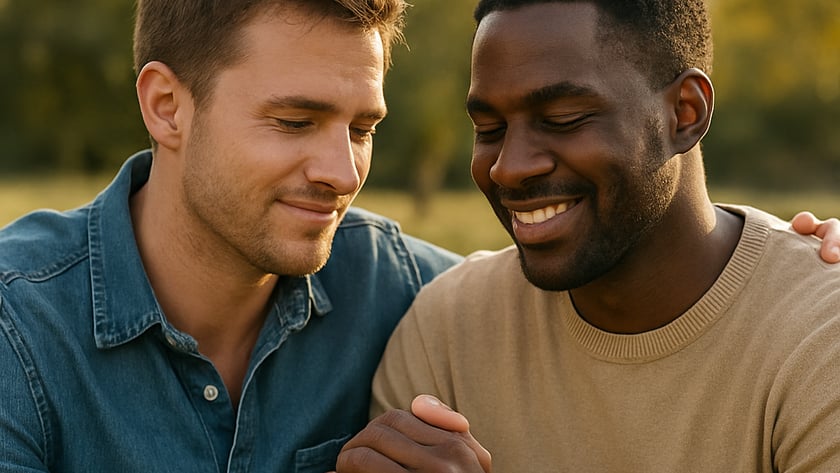 Dois homens sentados na grama de mãos dadas, sorrindo, com um braço no ombro do outro.