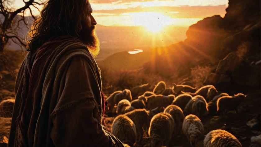 Homem barbudo de cabelo longo e manto observa um rebanho de ovelhas ao pôr do sol.