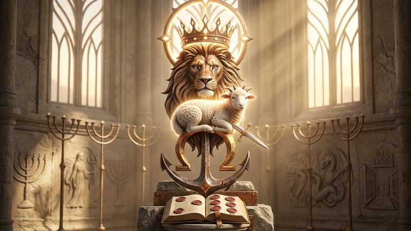 Leão coroado com um cordeiro deitado sobre uma âncora e um ômega, diante de candelabros.