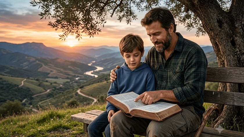 Homem e menino sentados num banco sob uma oliveira, lendo uma Bíblia grande ao pôr do sol.