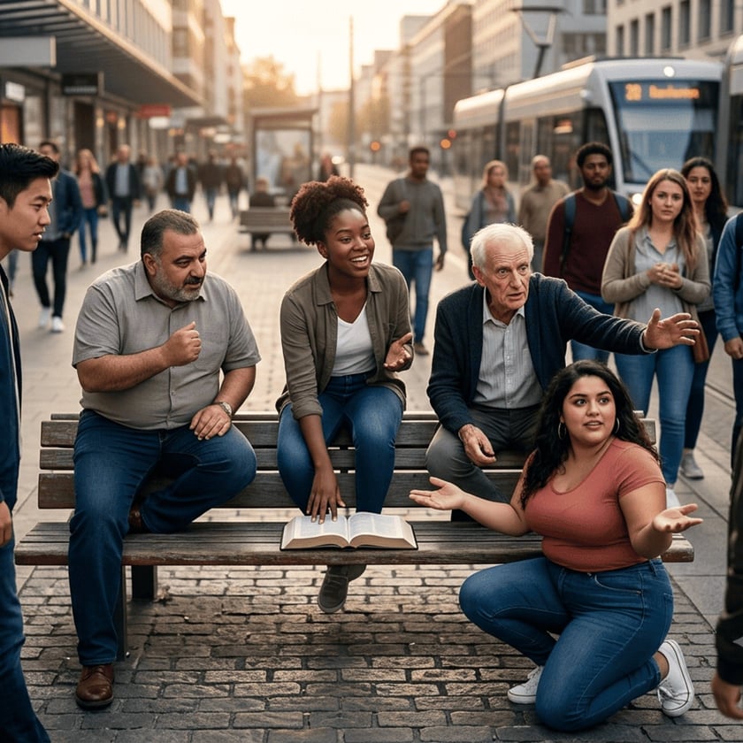 Grupo diverso conversa em um banco de rua, com uma Bíblia aberta, perto de um bonde.