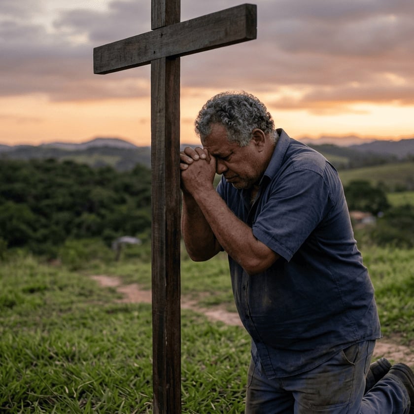 Homem de cabelo grisalho ajoelhado, com as mãos unidas apoiadas numa cruz de madeira, em um morro.