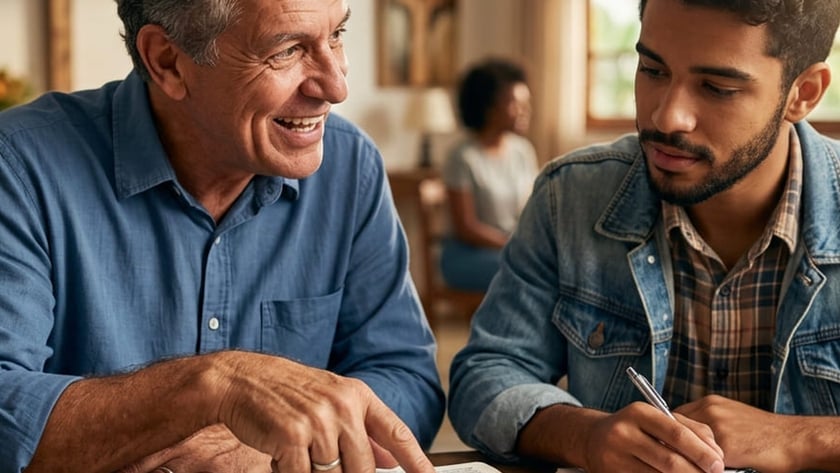 Dois homens à mesa; o mais velho aponta uma Bíblia aberta e o jovem anota.