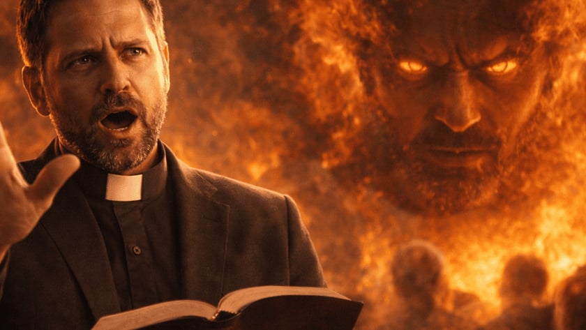 Padre de colarinho clerical lê a Bíblia diante de um rosto demoníaco de fogo e uma multidão.